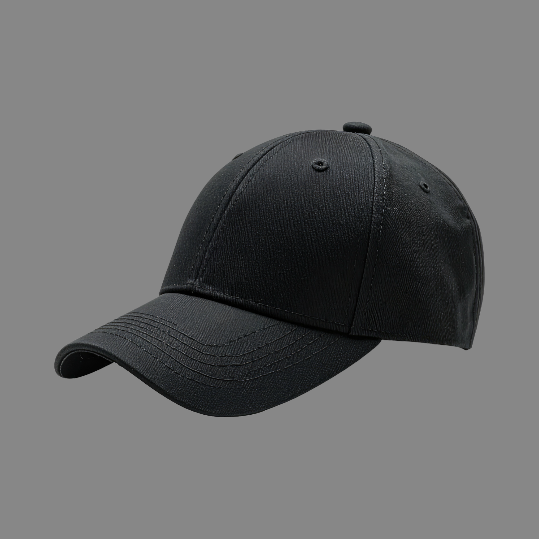 Plain black baseball cap with curved brim and six-panel construction