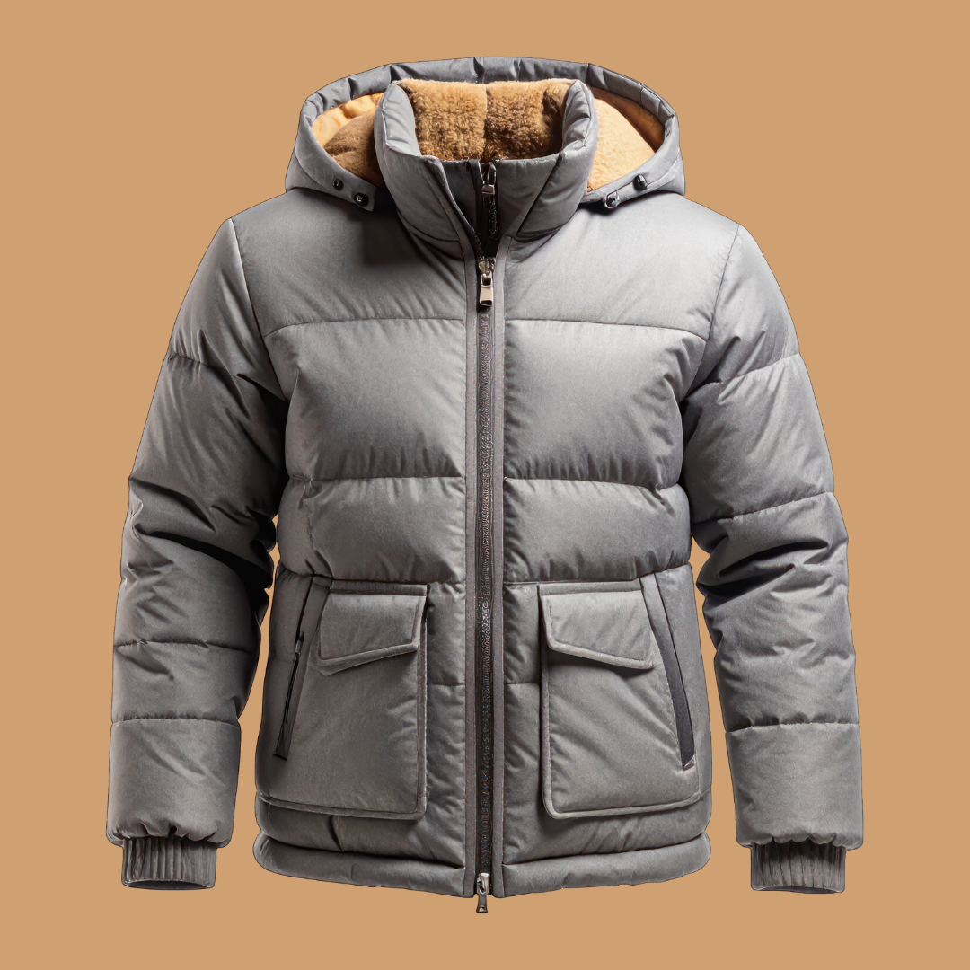 Gray quilted puffer jacket with sherpa-lined hood
