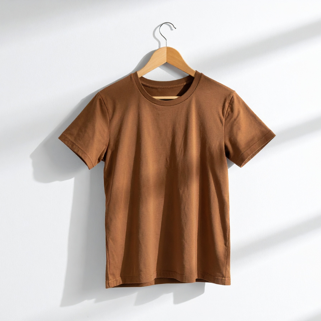 Brown crew neck short sleeve t-shirt hanging on a wooden hanger against a white wall with natural light shadows