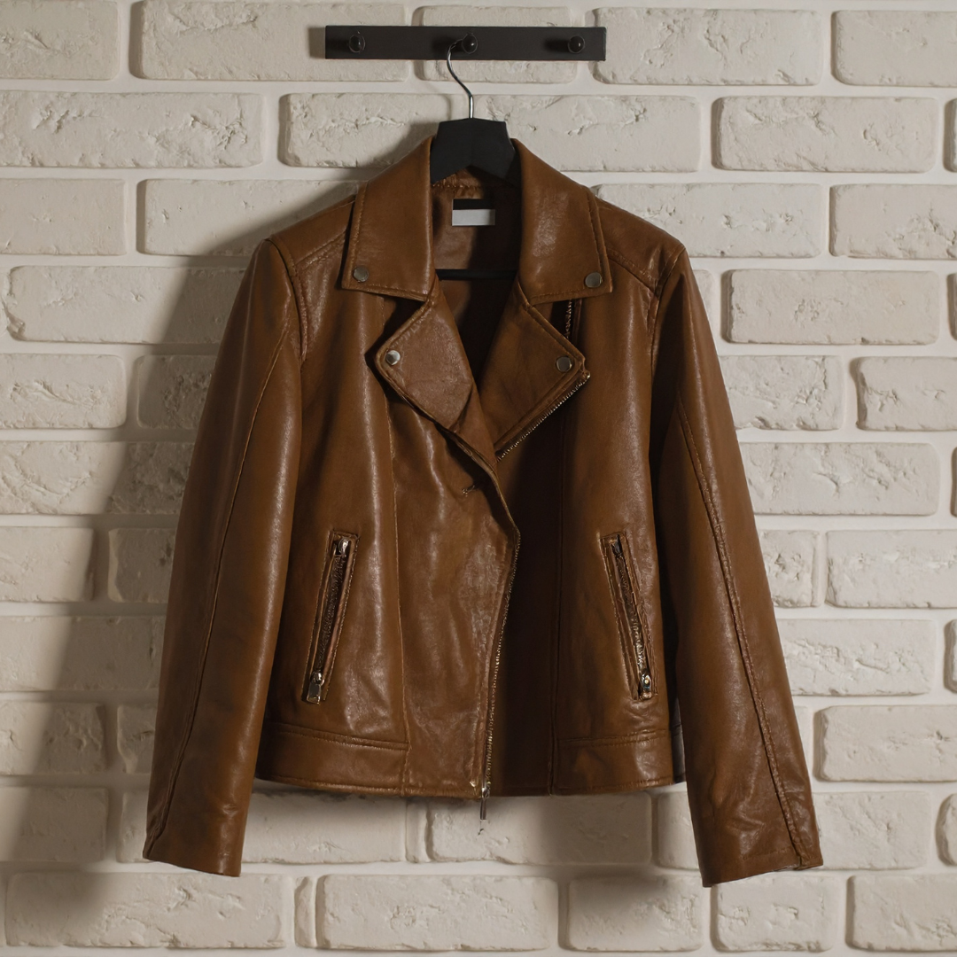Brown leather biker jacket with silver zipper details
