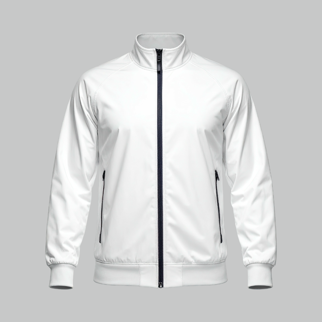 White full-zip track jacket with navy zipper, mock collar, side zip pockets, and ribbed cuffs and hem